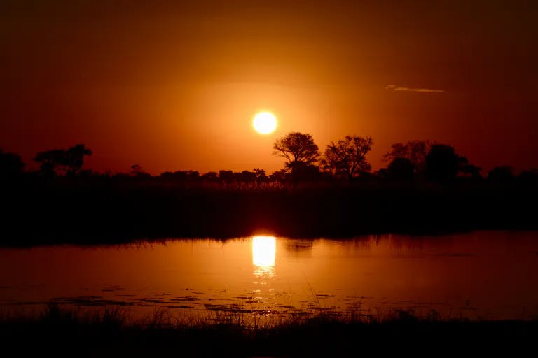 Bild des Sonnenuntergangs im Okavango Delta in Botswana