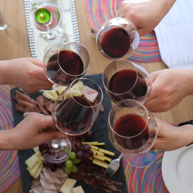 Weintasting mit Rotwein und Käseplatte