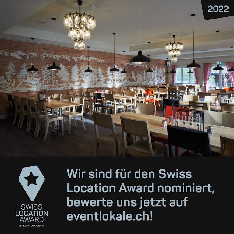 Photo by Sportbahnen Atzmännig on May 02, 2022. May be an image of text that says '2022 mnk Wir sind für den Swiss Location Award nominiert, bewerte uns jetzt auf eventlokale.ch! SWISS LOCATION AWARL BYEVENTLOKALE.CH'.