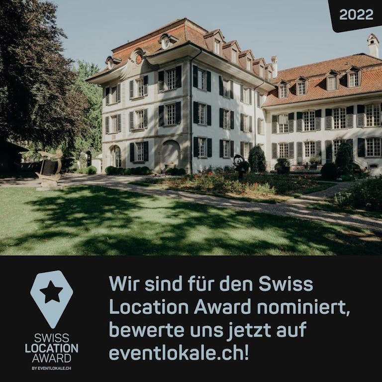Photo shared by Schloss Hünigen on May 07, 2022 tagging @eventlokale.ch. May be an image of outdoors and text that says '2022 SWISS LOCATION AWARD Wir sind für den Swiss Location Award nominiert, bewerte uns jetzt auf eventlokale.ch!'.