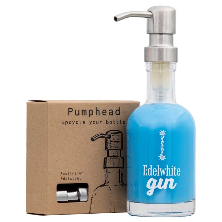 Photo by Edelwhite Gin AG on November 21, 2022. May be an image of cosmetics, bottle and text that says 'Pumphead upcycle your bo Rostfreier Edelstahl お Edelwhite gin'.